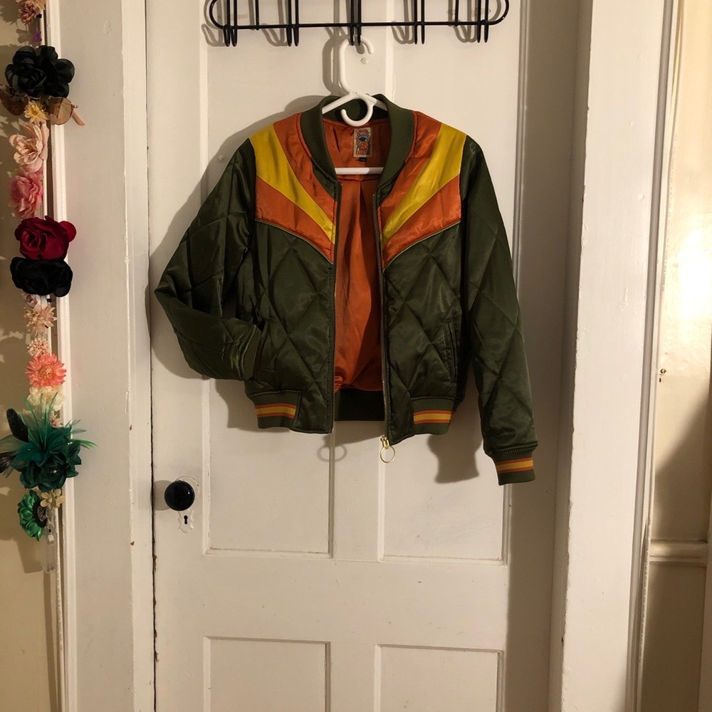 Classic Rock Couture Olive Green Sunburst Silky Bomber - Picture 2 of 4